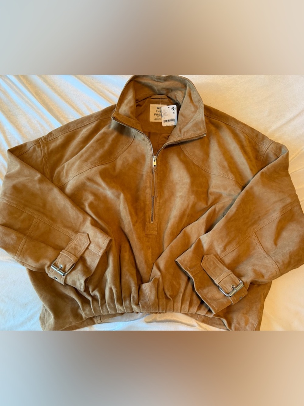 Free People Sonny Suede Pullover jacket 1/2 zip Tan sz S oversized New with tag - Picture 6 of 13
